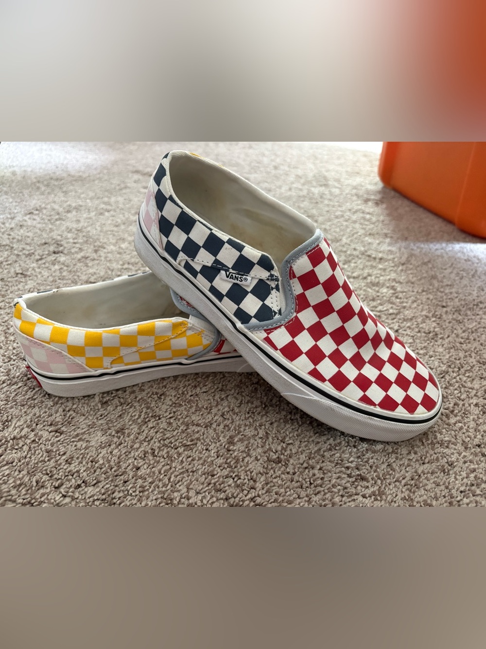 Vans women's Checkerboard Slip-On Sneakers in Red, Navy & Yellow
